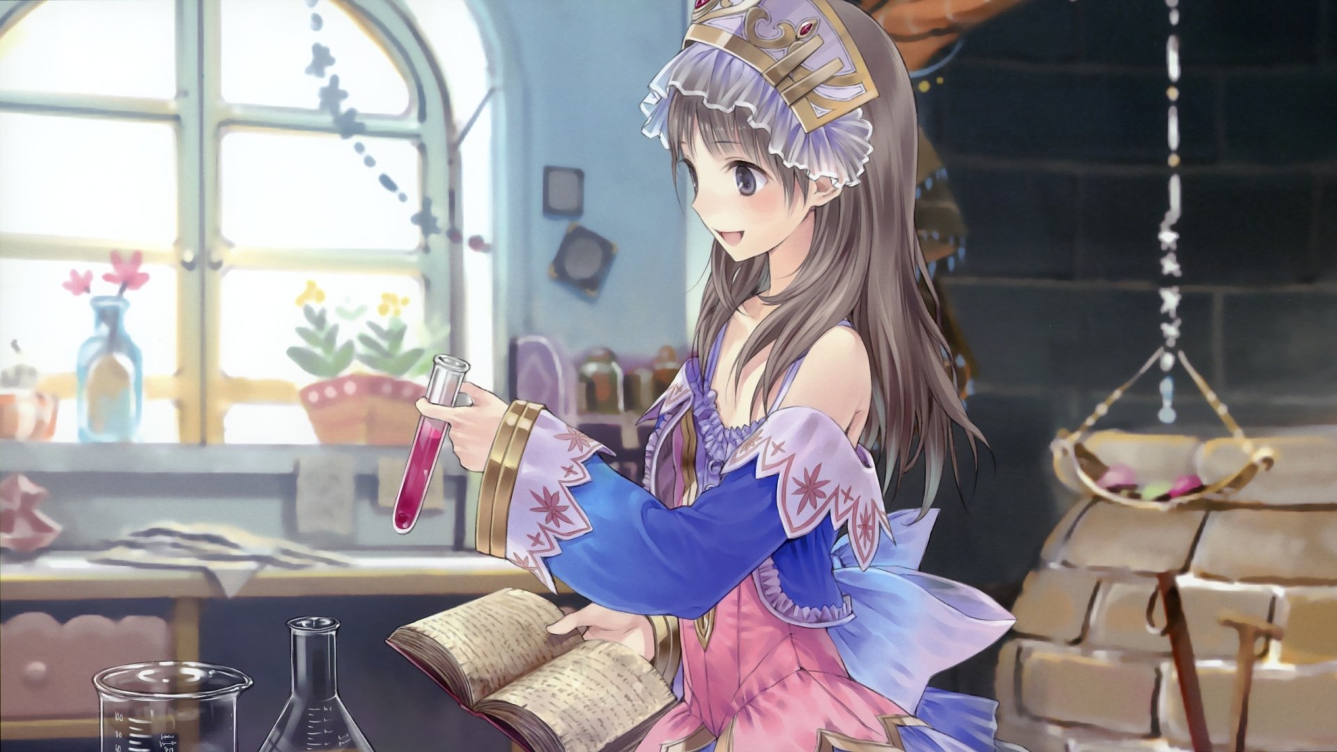 Atelier Totori video game 2K Quad HD PC desktop wallpaper: Totori in a sunlit alchemy workshop, holding a pink vial over an open grimoire with glassware and shelves behind her.