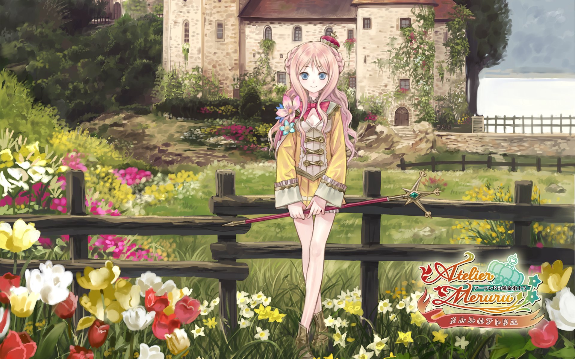 HD PC desktop wallpaper/background from the video game Atelier Totori: anime-style Totori stands in a vibrant tulip field before a stone manor under a soft pastoral sky.
