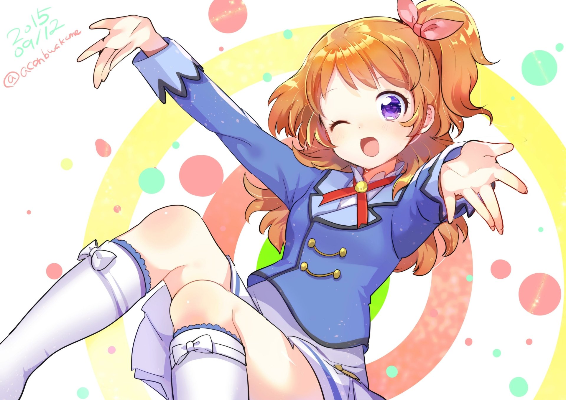 Bright and colorful 4K Ultra HD anime wallpaper featuring a cheerful Aikatsu! character with orange hair, winking and reaching out energetically against a vibrant background.