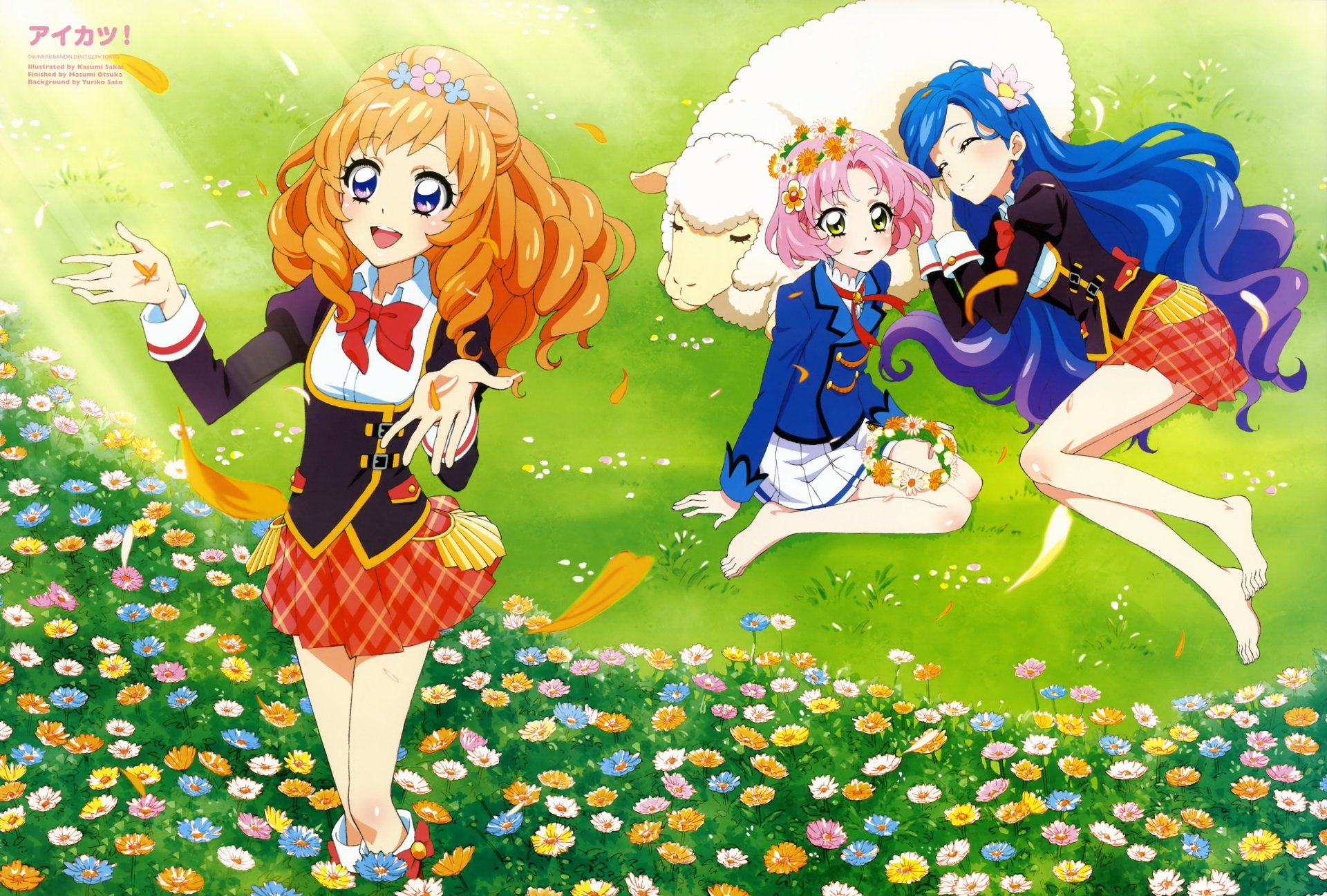 Anime Aikatsu! 5K Ultra HD PC wallpaper: three school-uniform girls and a fluffy sheep on a sunny, flower-filled green meadow.