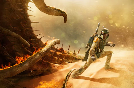 Boba Fett from Star Wars Episode VI: Return of the Jedi navigates a sandy landscape, evading the menacing tendrils of a creature in this HD desktop wallpaper.