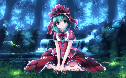 HD PC wallpaper of Hina Kagiyama from Touhou — anime-style girl in a red frilled dress with a large bow, seated in a luminous forest clearing beside a glowing waterfall.