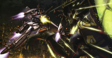 Anime Macross 5K Ultra HD PC desktop wallpaper/background: dramatic night-city mecha battle with a transforming Valkyrie, glowing thrusters, missiles and streaking laser fire.
