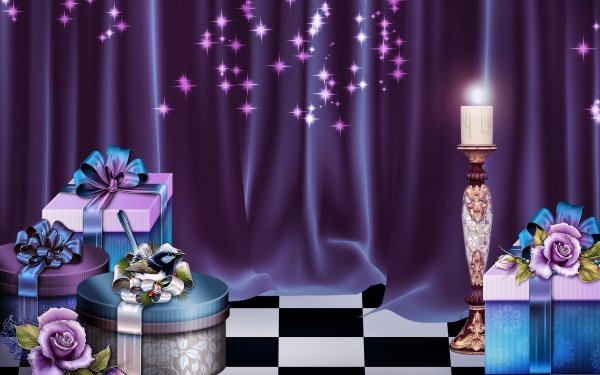 Holiday Christmas Gift Purple Blue Curtain Candle HD Wallpaper | Background Image