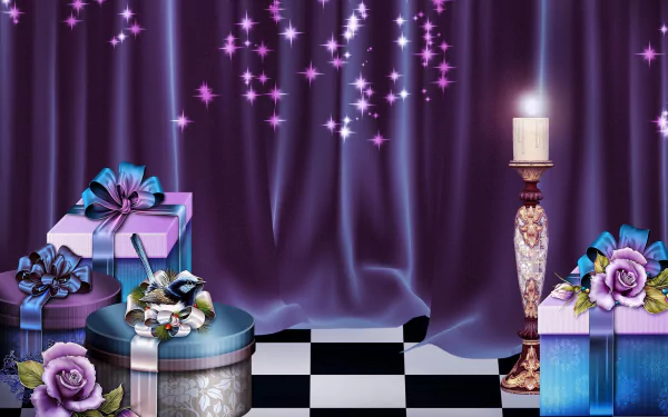 HD desktop wallpaper featuring a glowing candle beside blue and purple wrapped gifts, set against luxurious curtains with sparkling holiday lights.