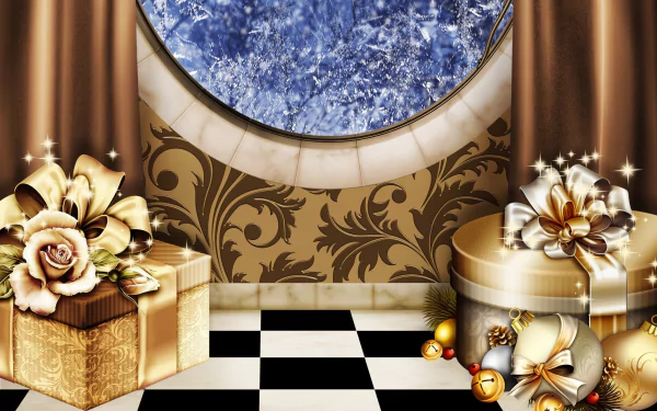 HD desktop wallpaper featuring a silver-themed Christmas scene with elegant curtains, a decorated window, and wrapped holiday gifts on a checkered floor.