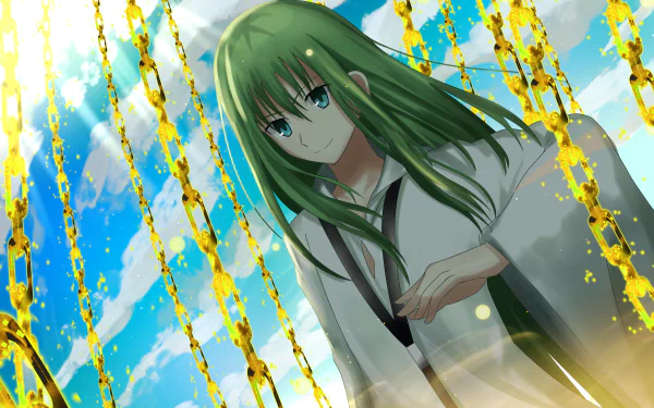 HD PC desktop wallpaper featuring an anime character with long green hair from Fate/Grand Order, surrounded by glowing golden strands against a bright blue sky.