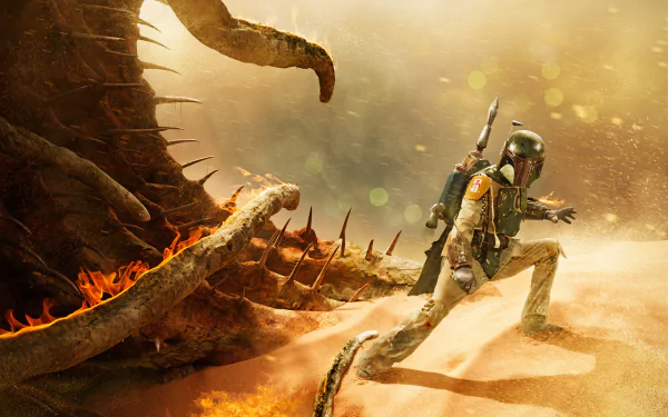 Boba Fett from Star Wars Episode VI: Return of the Jedi navigates a sandy landscape, evading the menacing tendrils of a creature in this HD desktop wallpaper.