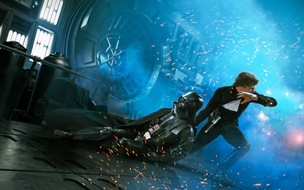 HD PC desktop wallpaper featuring Darth Vader and Luke Skywalker in an intense scene from Star Wars Episode VI: Return of the Jedi.