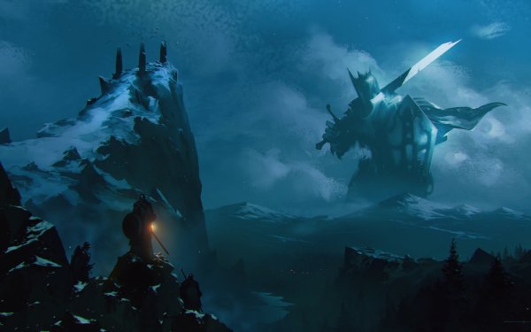 Fantasy Giant Sword Warrior Mountain Night Landscape Shield HD Wallpaper | Background Image