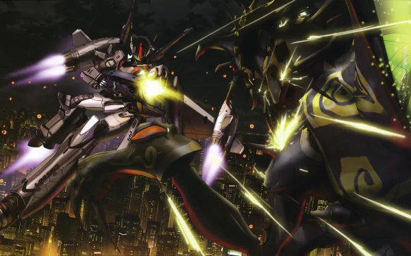 Anime Macross 5K Ultra HD PC desktop wallpaper/background: dramatic night-city mecha battle with a transforming Valkyrie, glowing thrusters, missiles and streaking laser fire.