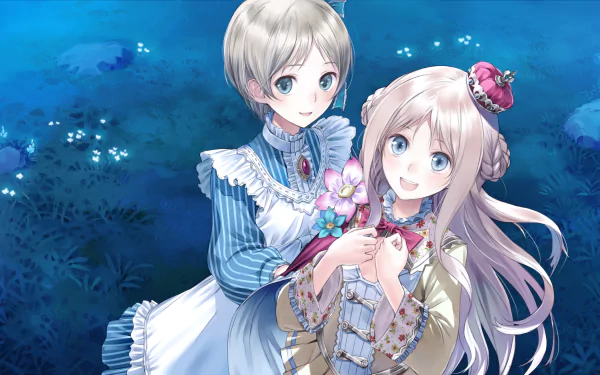 Two smiling Atelier Totori characters in ornate dresses, presented as a 5K Ultra HD PC desktop wallpaper with a soft blue, floral-lit background.