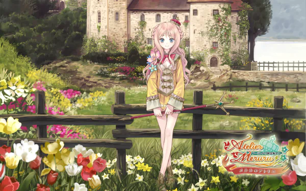 HD PC desktop wallpaper/background from the video game Atelier Totori: anime-style Totori stands in a vibrant tulip field before a stone manor under a soft pastoral sky.