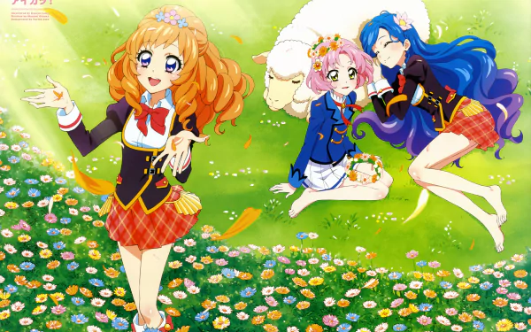 Anime Aikatsu! 5K Ultra HD PC wallpaper: three school-uniform girls and a fluffy sheep on a sunny, flower-filled green meadow.
