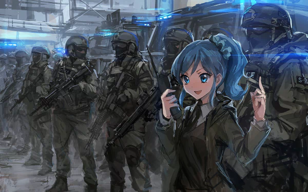HD PC desktop wallpaper featuring an anime-style character from Aikatsu! posing confidently in front of a group of armored soldiers in a futuristic setting.