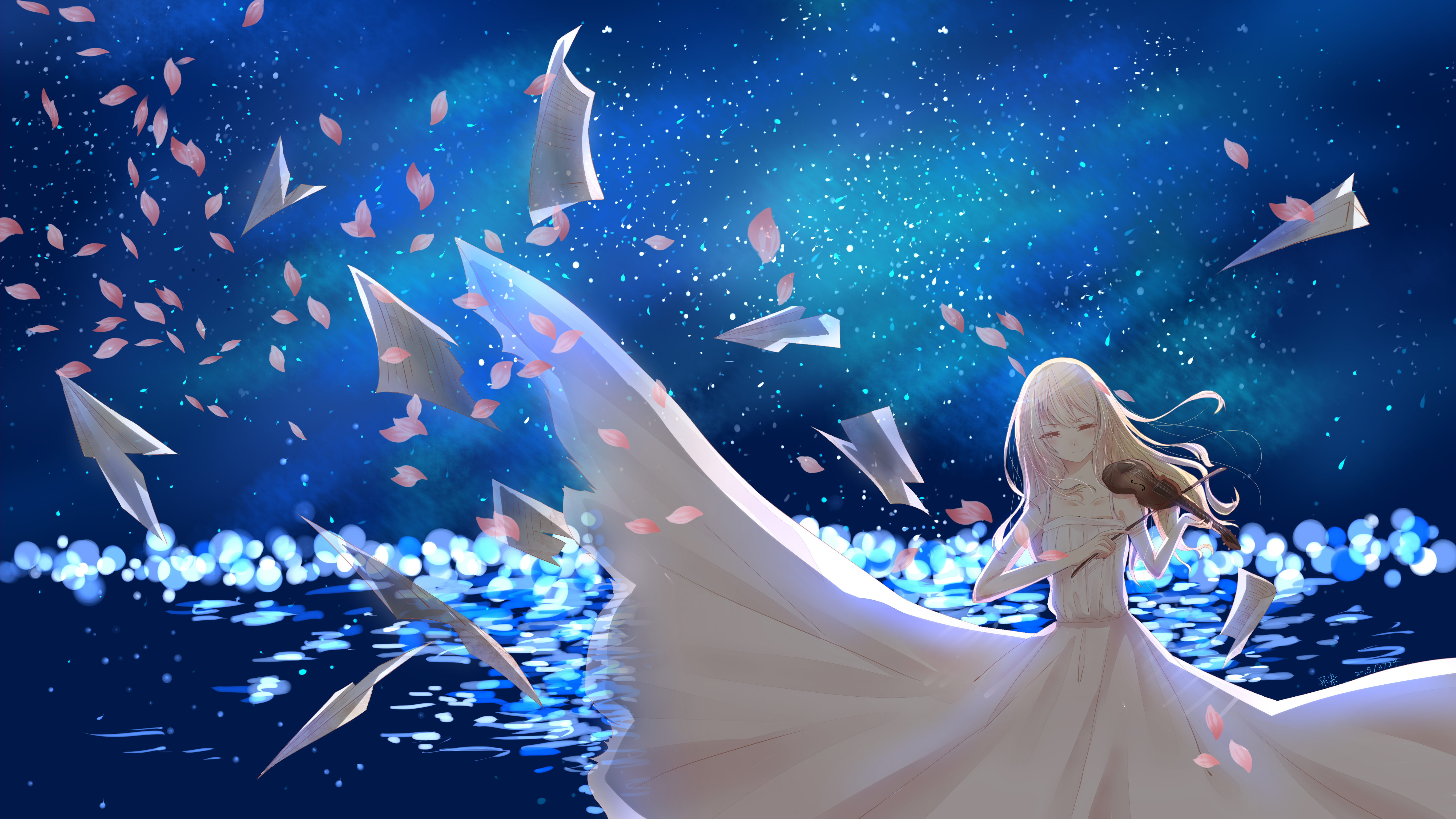 Miyazono kaori, shigatsu wa kimi no uso, smiling, feathers, blonde, scenic,  stars, HD wallpaper