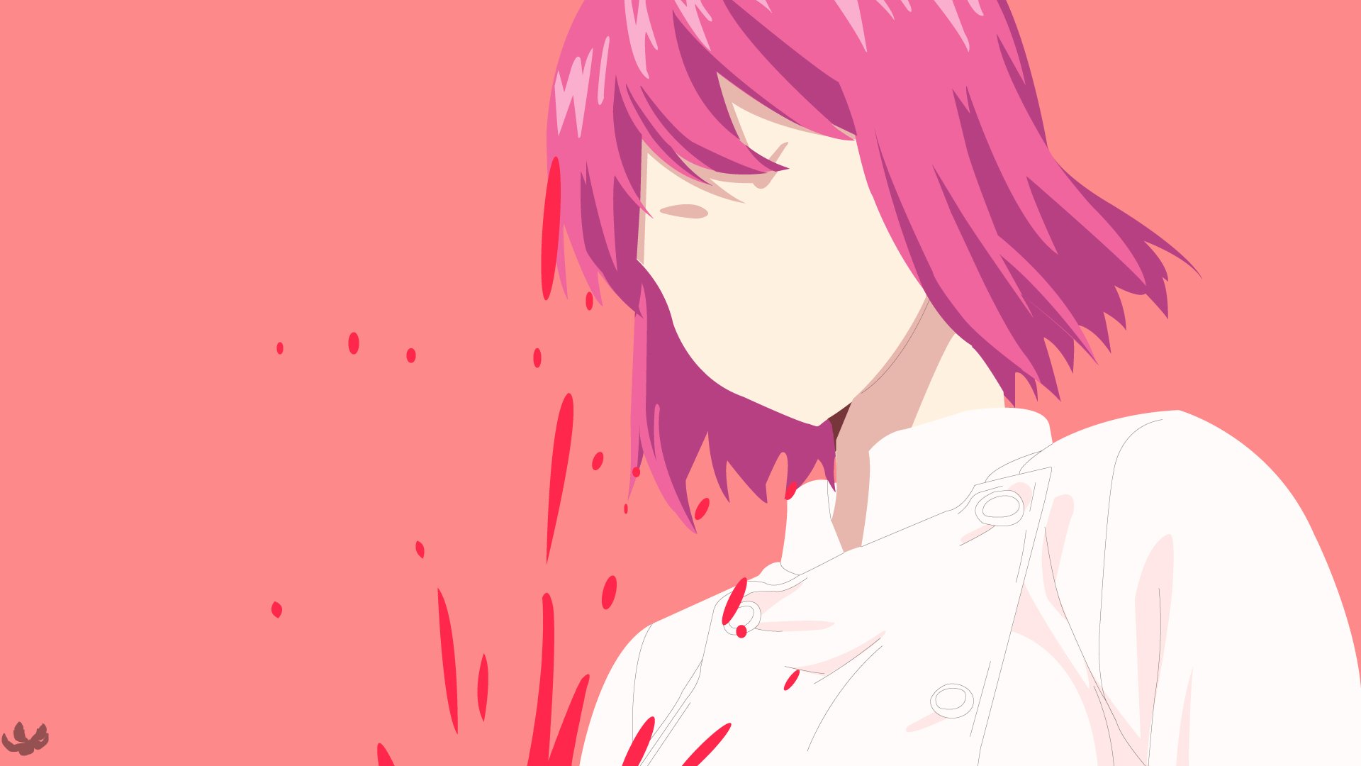 Minimalist anime-style portrait from Food Wars: Shokugeki no Soma with vibrant pink hair and chef’s coat, set against a coral background in 4K Ultra HD.