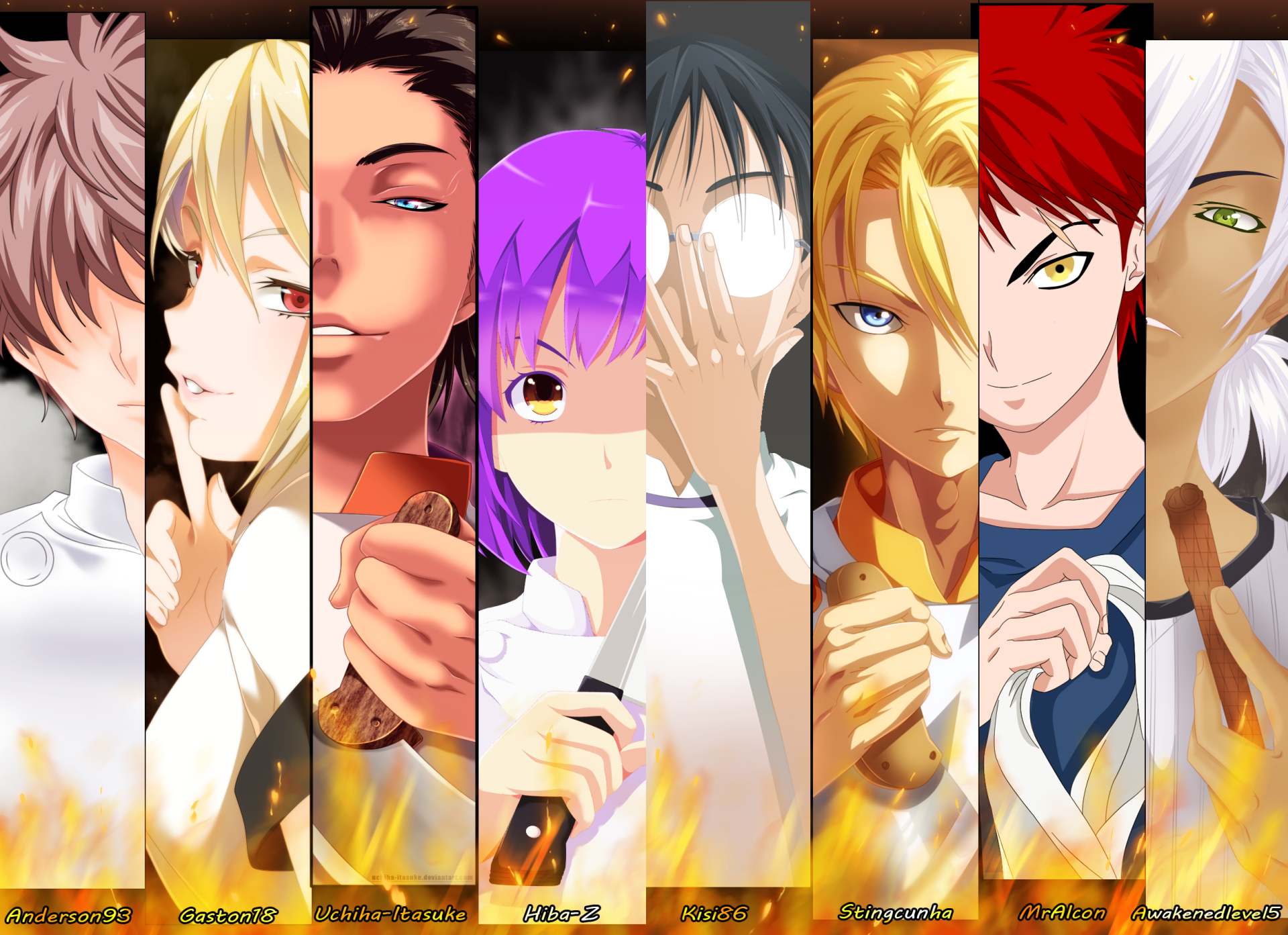 HD PC desktop wallpaper featuring characters from the anime Food Wars: Shokugeki no Soma, each shown in dynamic close-up panels with vibrant colors and fiery effects.
