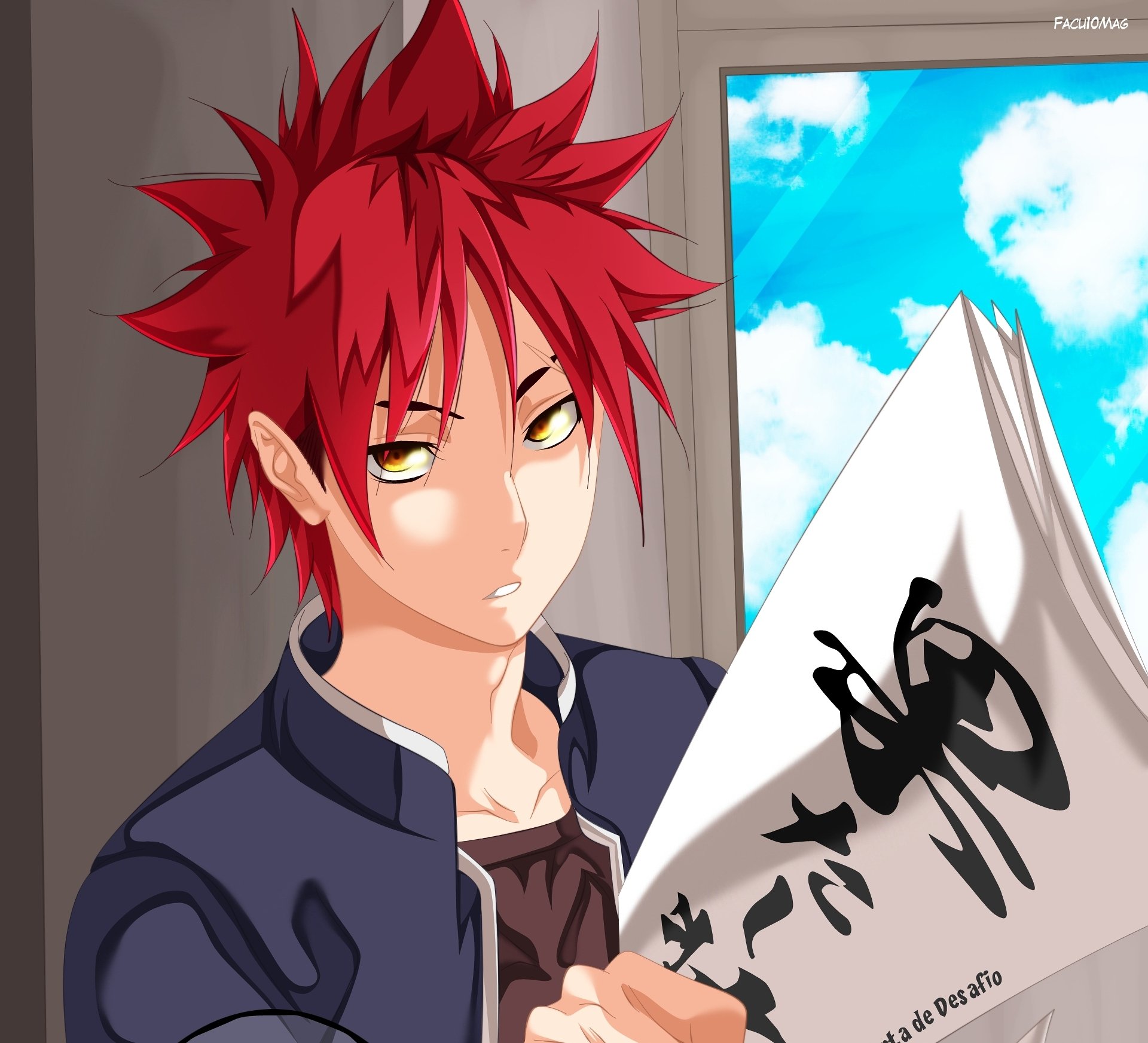 HD PC desktop wallpaper/background of Sōma Yukihira from the anime Food Wars: Shokugeki no Soma — red-haired protagonist with golden eyes holding a menu against a bright sky.