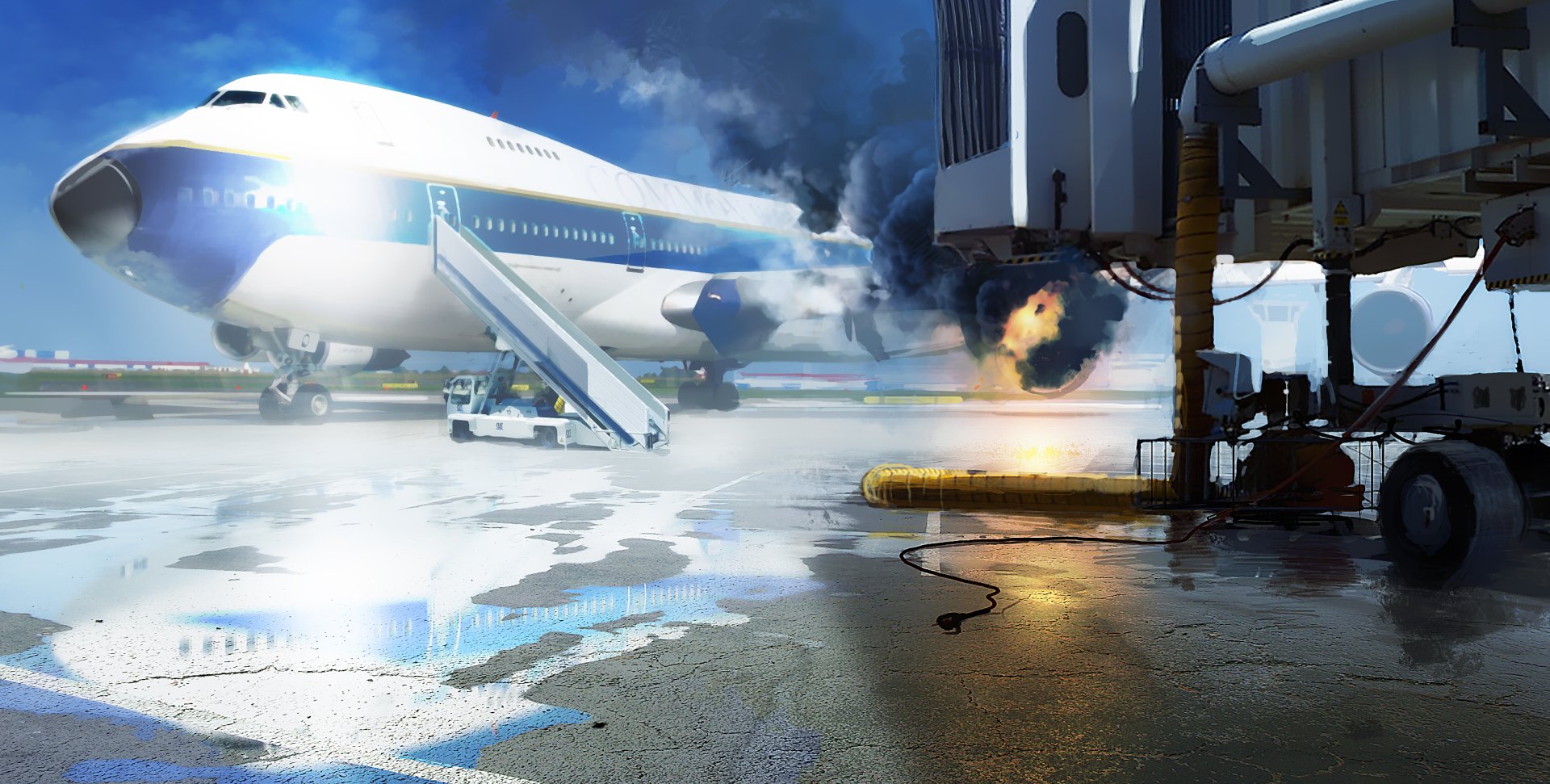 HD desktop wallpaper featuring a detailed aircraft at an airport gate, inspired by the video game Tom Clancy's Rainbow Six: Siege.