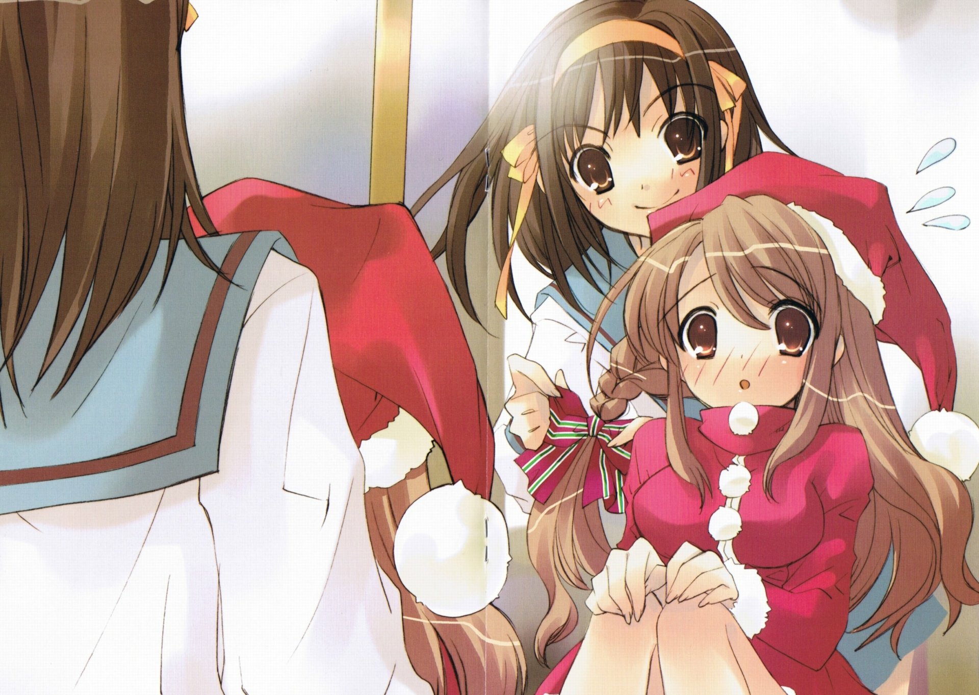 2K Quad HD anime PC desktop wallpaper of The Melancholy of Haruhi Suzumiya: Haruhi and friends in Santa hats and school uniforms, festive ribbons and cheerful expressions.