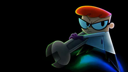 HD PC desktop wallpaper/background featuring Dexter (Dexter's Laboratory) from the TV show, clutching a giant wrench against a glowing dark backdrop.