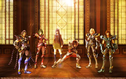 A vibrant HD wallpaper featuring characters from Saint Seiya, showcasing heroic figures in armor and a central female figure, illuminated by warm sunlight through ornate windows.