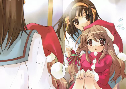 2K Quad HD anime PC desktop wallpaper of The Melancholy of Haruhi Suzumiya: Haruhi and friends in Santa hats and school uniforms, festive ribbons and cheerful expressions.