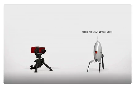 HD PC wallpaper featuring a Portal turret facing off against a Team Fortress 2 sentry gun on a minimalist white background.