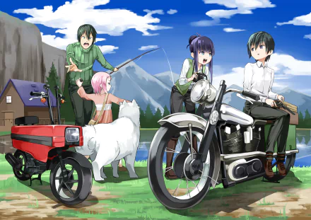 4K Ultra HD anime wallpaper featuring Tifana, Shizu, Riku, Kino, and Hermes from Kino's Journey in a scenic mountain village setting.