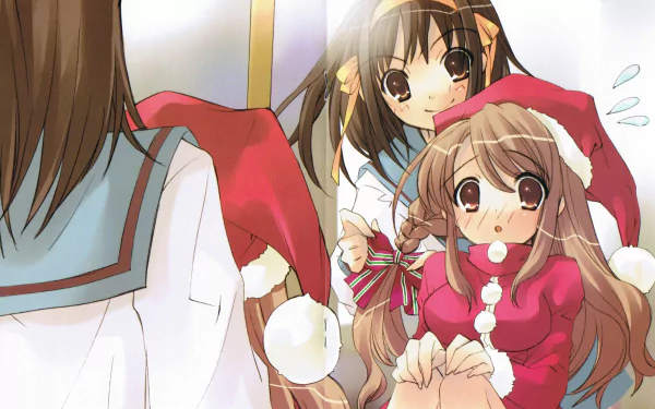 2K Quad HD anime PC desktop wallpaper of The Melancholy of Haruhi Suzumiya: Haruhi and friends in Santa hats and school uniforms, festive ribbons and cheerful expressions.