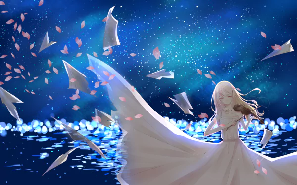 HD anime desktop wallpaper featuring Kaori Miyazono from Your Lie in April. She is playing the violin amidst floating music sheets and cherry blossoms against a starry night backdrop by a water body.