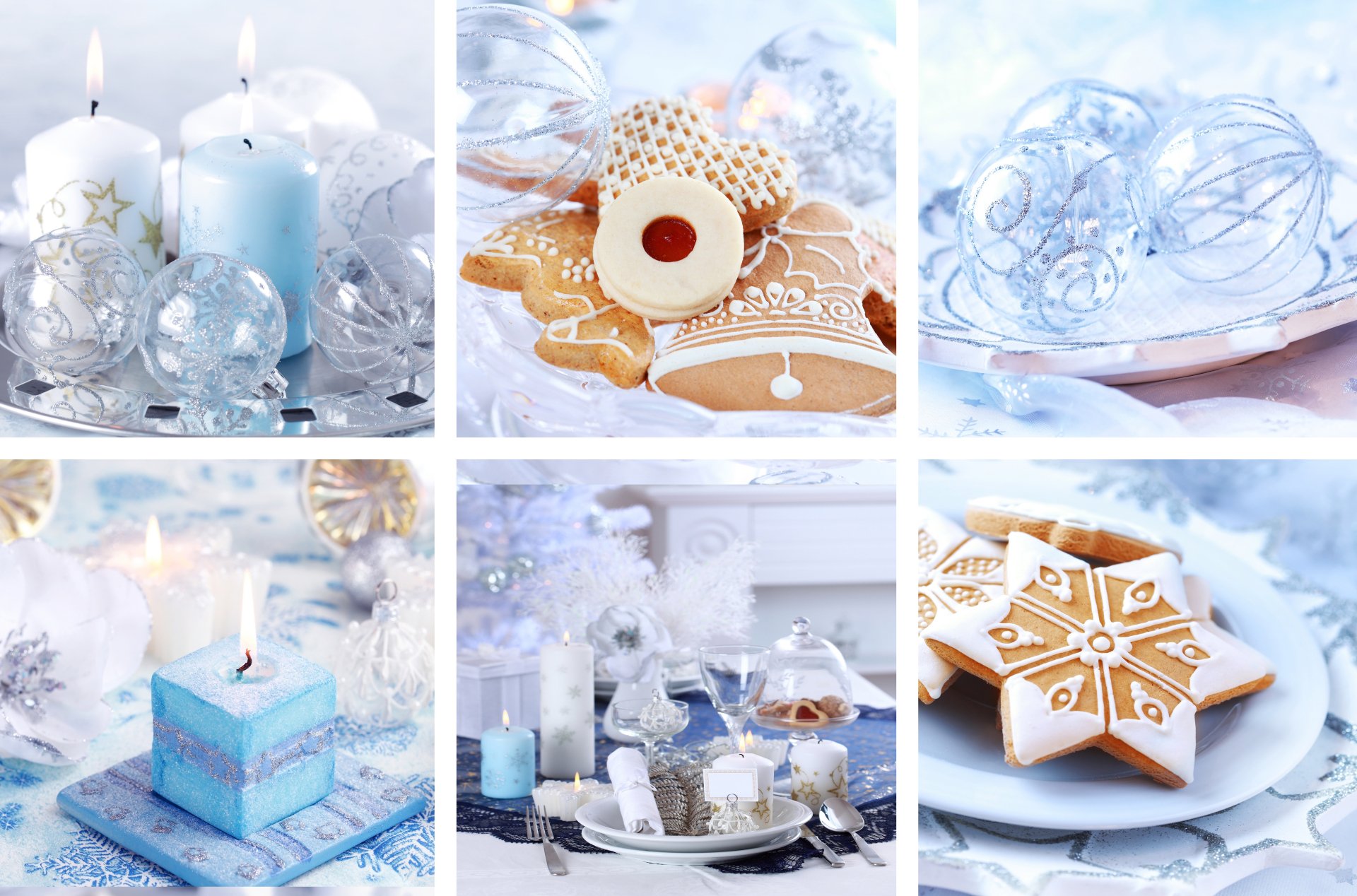 Collage of blue and silver Christmas ornaments, candles, and decorated holiday cookies on a snowy, festive background, captured in 8K Ultra HD for PC desktop wallpaper.