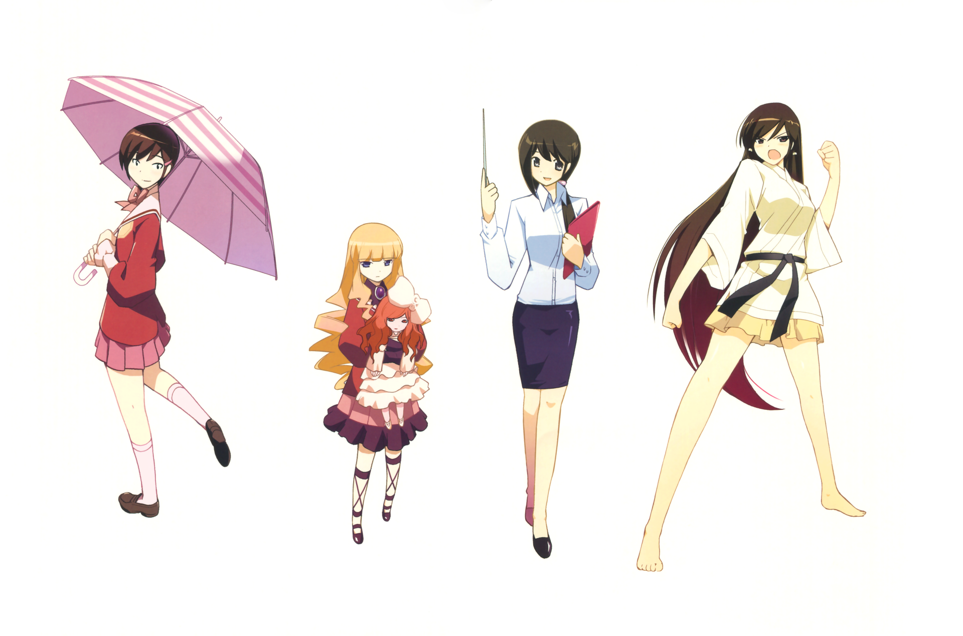 Anime characters from The World God Only Knows stand in various poses against a white background, featured in an 8K Ultra HD PC desktop wallpaper.