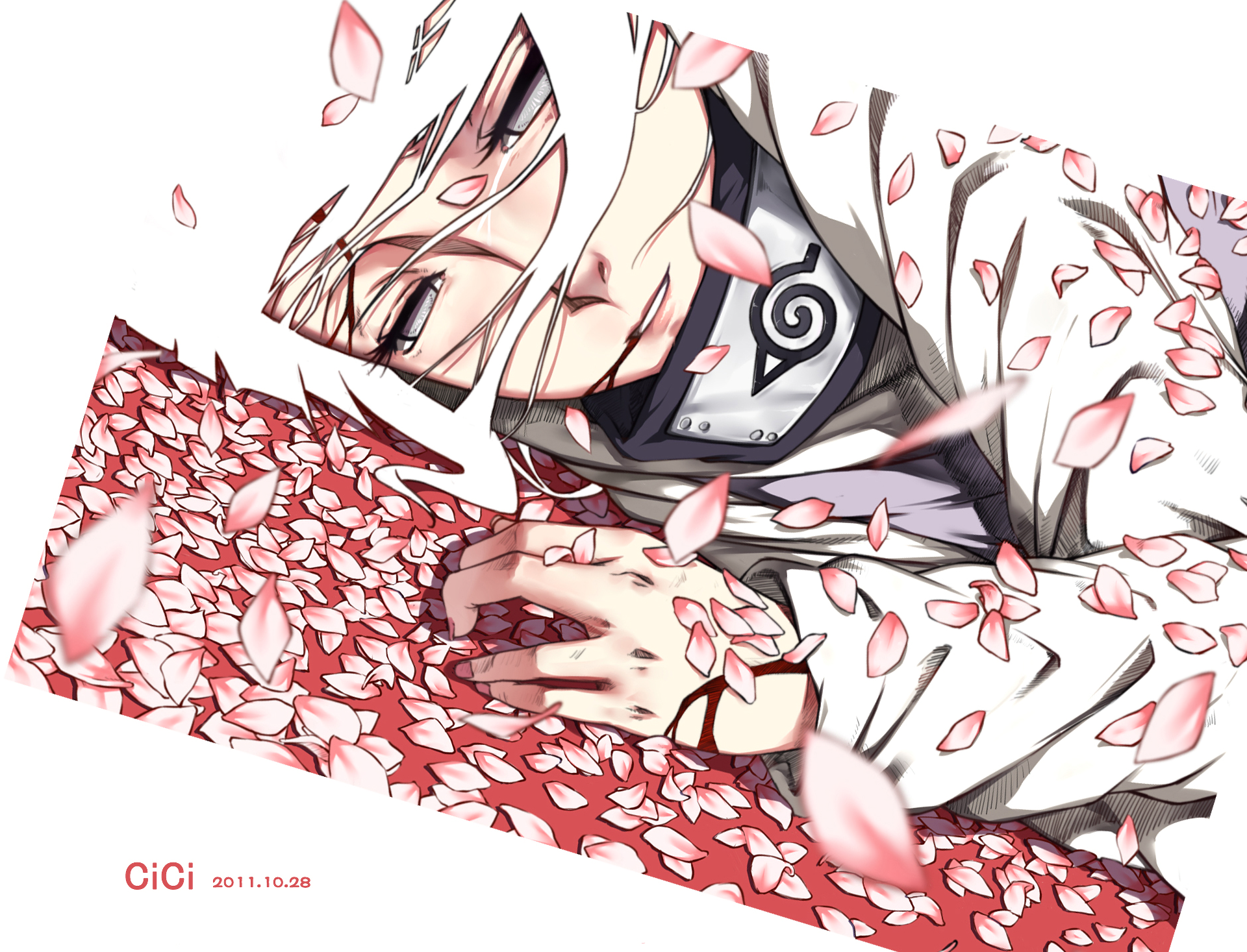 HD desktop wallpaper of Hinata Hyuga from the anime Naruto, featuring her surrounded by falling cherry blossom petals.