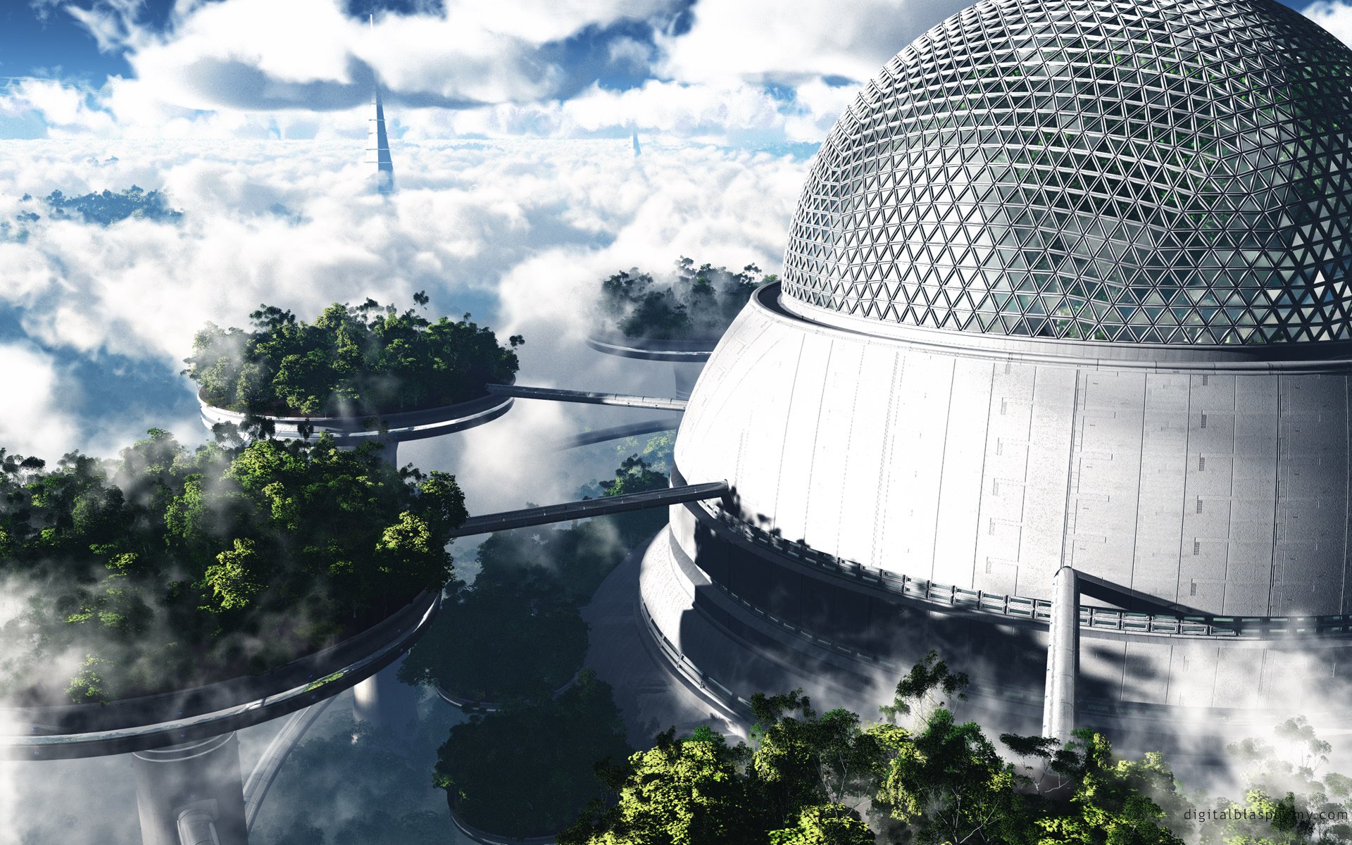 A futuristic sci-fi landscape featuring a giant dome structure surrounded by floating platforms with lush greenery, set against a backdrop of clouds and a blue sky. HD desktop wallpaper.