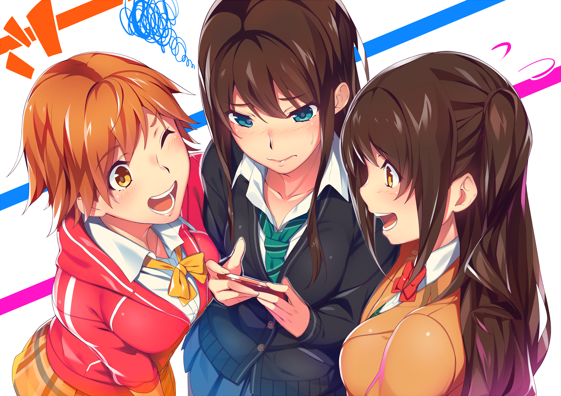 HD anime wallpaper featuring three girls from The iDOLM@STER Cinderella Girls, showcasing vibrant colors and dynamic expressions in a lively desktop background.