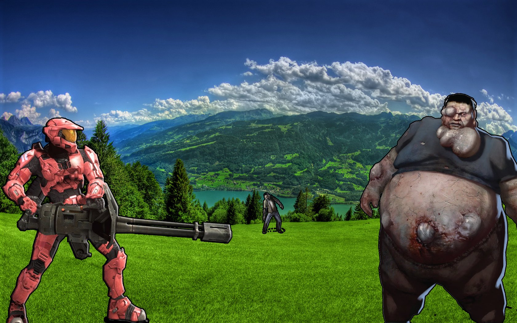 A humorous HD desktop wallpaper featuring a pink armored character with a large gun, a comically oversized man, and a scenic mountainous landscape in the background.