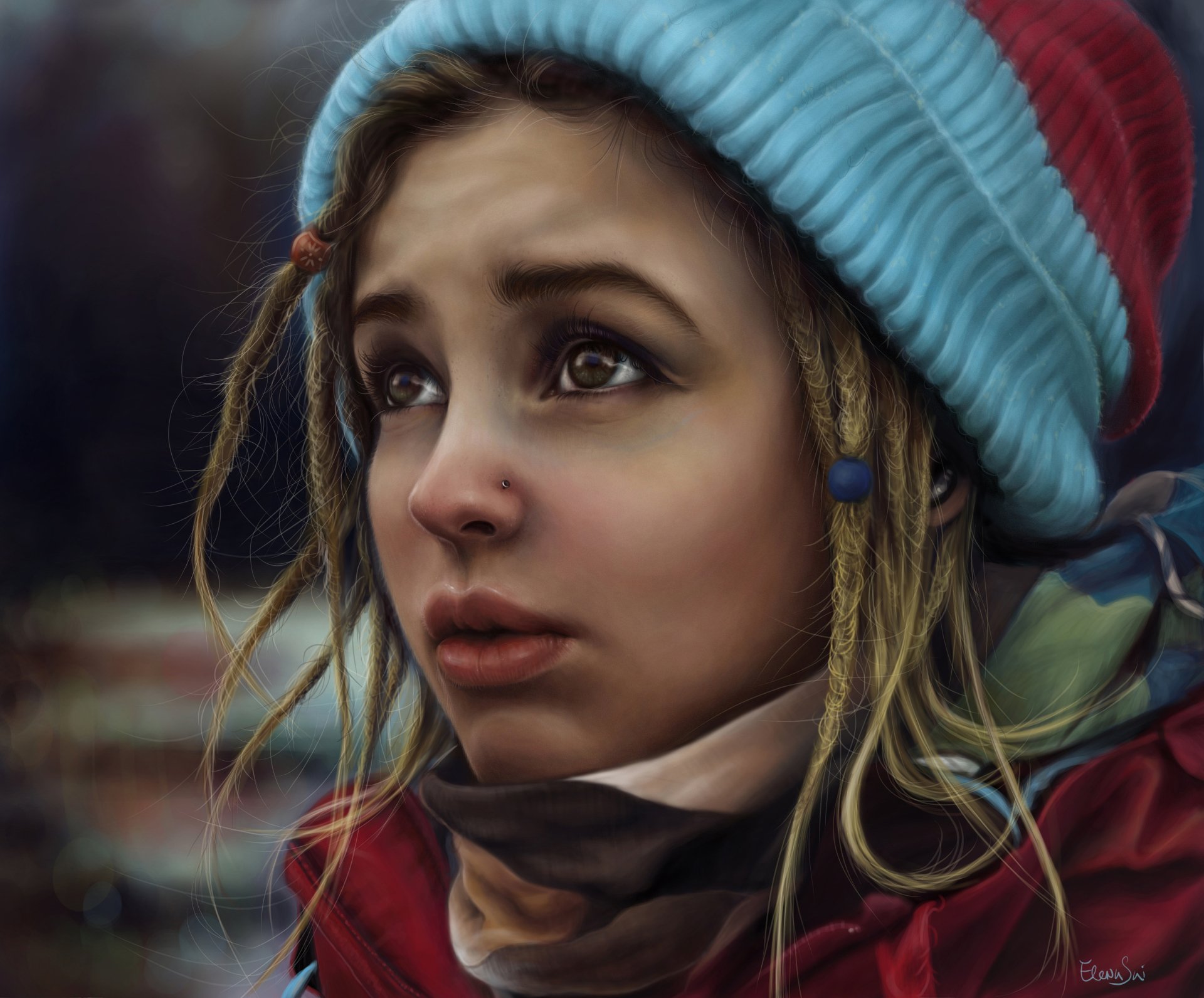 Artistic 4K Ultra HD painting of a blonde woman wearing a blue hat and coat, captured in a detailed and expressive close-up portrait.