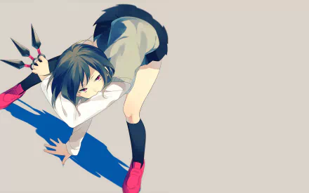 A dynamic anime character poses playfully, holding a pair of scissors. This original HD wallpaper adds a vibrant touch to any desktop background.