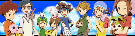 Anime-style Digimon characters pose against a bright blue sky, featured in a vibrant HD PC desktop wallpaper and background.