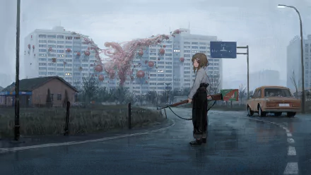 HD desktop wallpaper featuring an anime-style character holding a large weapon, standing on a rainy street as a monstrous creature emerges from a building in the background.