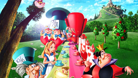HD desktop wallpaper from the 1951 movie Alice In Wonderland depicting the Mad Hatter’s tea party with Alice, the Queen of Hearts, and other whimsical characters.