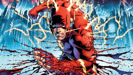 HD desktop wallpaper depicting Barry Allen as the Flash in a dynamic pose, surrounded by lightning bolts, from the Flashpoint comic series.