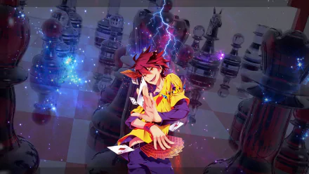 HD desktop wallpaper of No Game No Life anime featuring a vibrant character holding playing cards with a dramatic chess background and lightning effects.