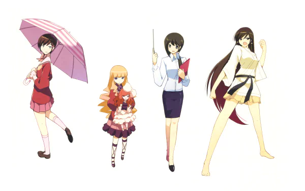 Anime characters from The World God Only Knows stand in various poses against a white background, featured in an 8K Ultra HD PC desktop wallpaper.