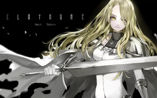 HD anime desktop wallpaper featuring Teresa, No.1 warrior from Claymore, holding a large sword with flowing blonde hair against a dark background.