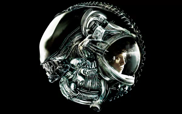 HD PC desktop wallpaper featuring Sigourney Weaver as Ellen Ripley from the movie Alien, blending Ripley’s face inside the iconic alien creature’s biomechanical head.
