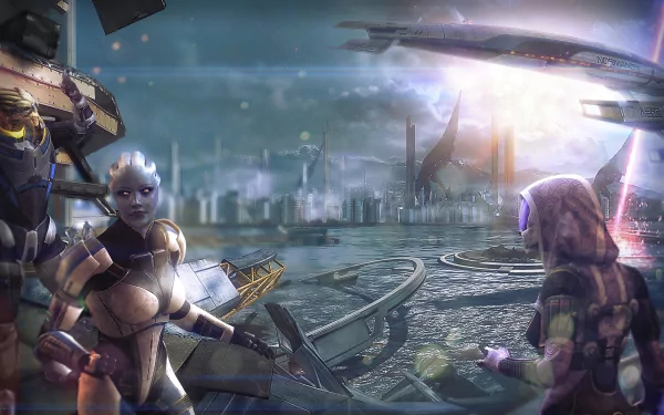 HD PC desktop wallpaper featuring Tali'Zorah, Garrus Vakarian, and Liara T'Soni from the Mass Effect video game, set against a futuristic cityscape with spaceships overhead.