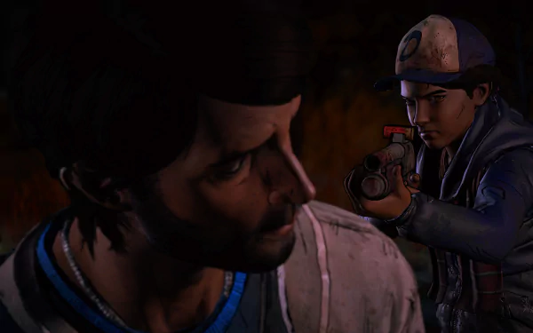 Clementine aims a gun at a man in a dark, tense scene from The Walking Dead: A New Frontier video game, displayed as an HD PC desktop wallpaper.